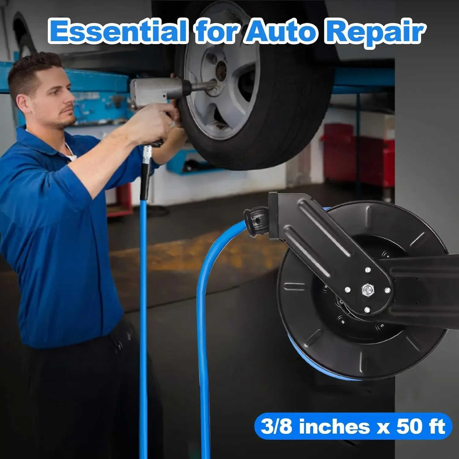 Air Compressor Air Hose 3/8 Hybrid 50Ft - สายลมแบบดึงกลับอัตโนมัติสำหรับงานหนัก, สายลมไฮบริดขนาด 3/8 นิ้ว x 50