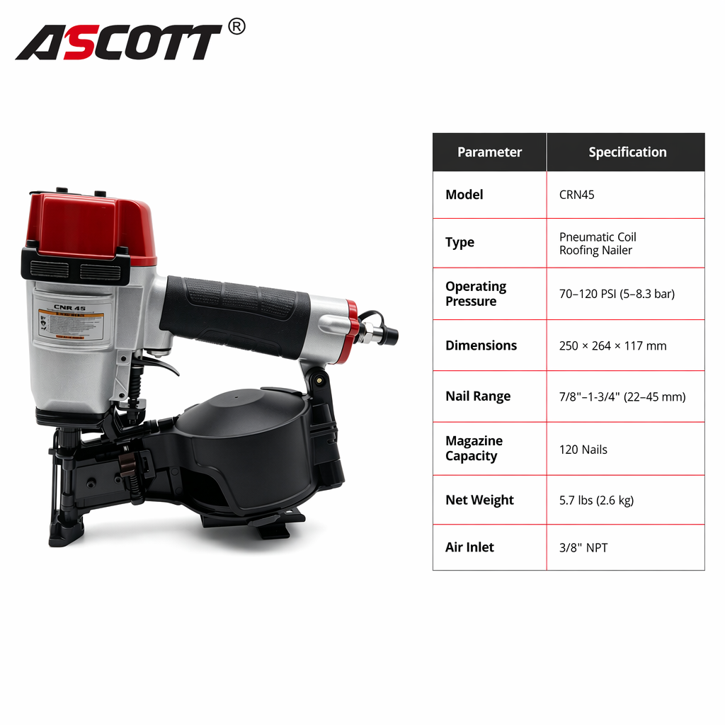 ปืนยิงตะปูหลังคา Ascott CRN45  - Coil Roofing Nailer Pneumatic 15 Degree บทวิจารณ์และราคา