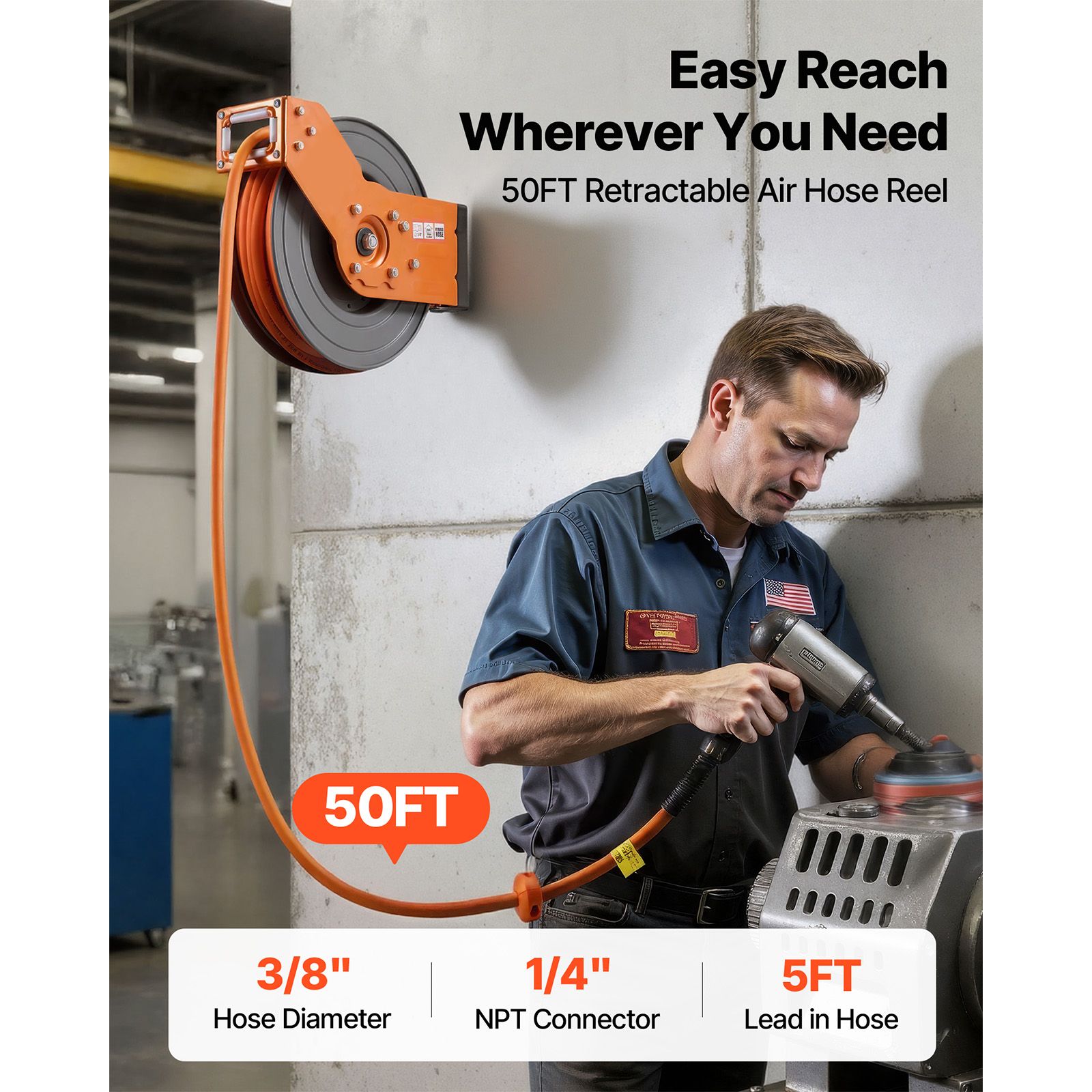 สายลมแบบม้วนเก็บได้, ขนาด 3/8  - Air Compressor Air Hose 3/8 Hybrid 50Ft บทวิจารณ์และราคา