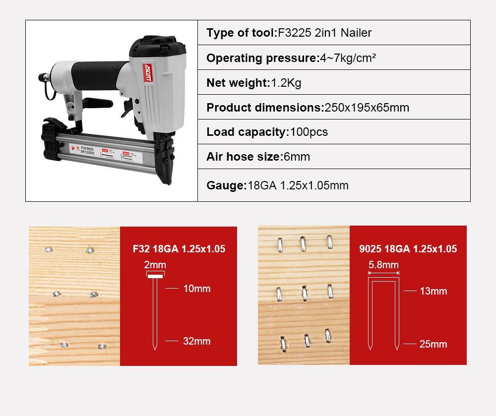 เครื่องยิงตะปูลม F3225 2 in 1  - Pneumatic Flooring Nailer Stapler 2 In 1 บทวิจารณ์และราคา